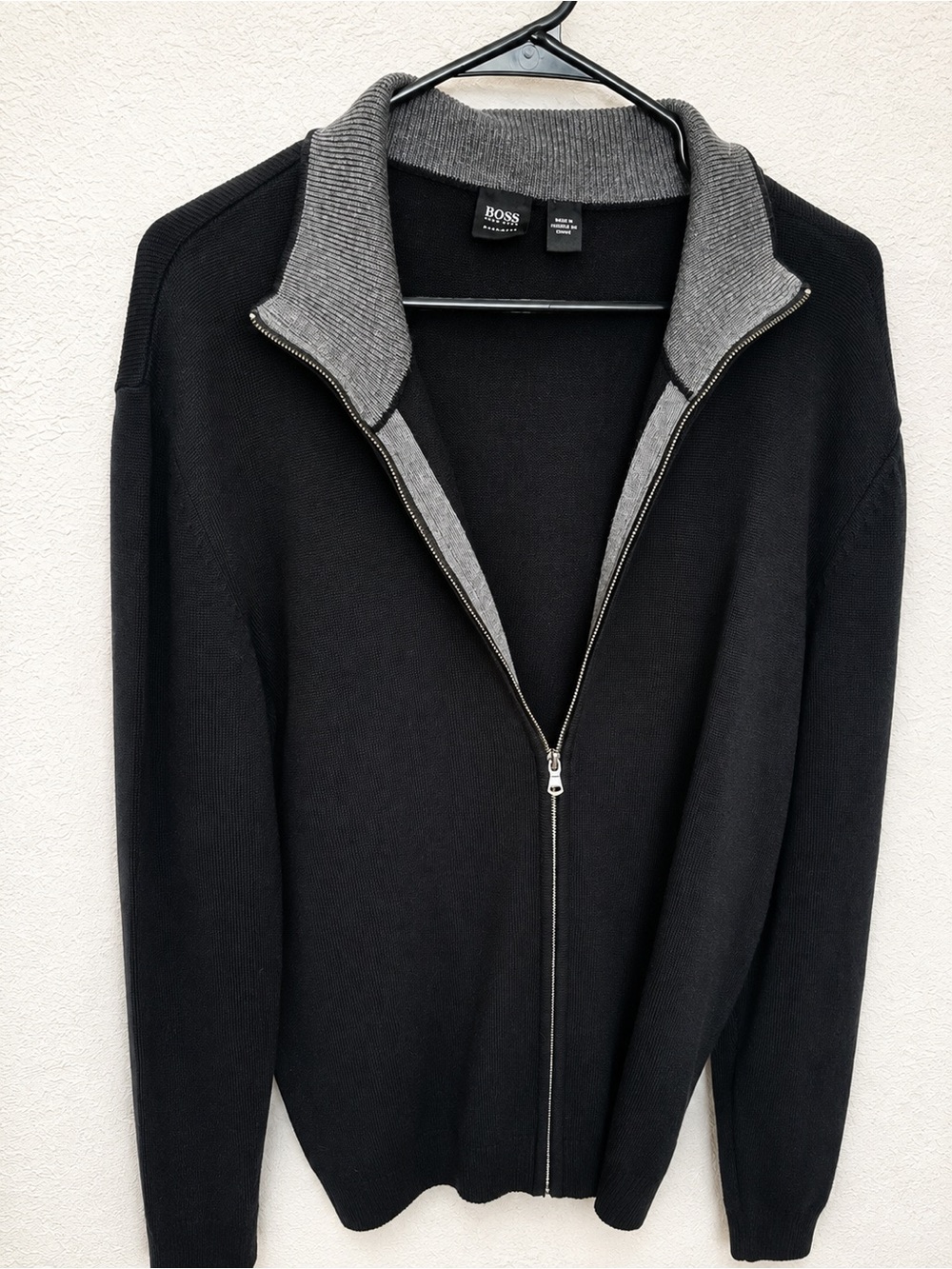 Hugo Boss Men's Black Zip-Up Sweater with Gray Contrast Collar